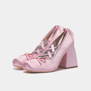 Women's Silk Square Toe Ballet <b>Shoes</b> Girl's High Chunky Heels Sandals Dress Cross Ankle Lace up Bow Pumps - Product Image 4