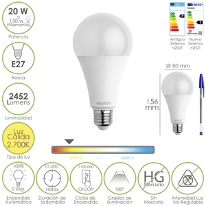 Lampadina LED standard, attacco a vite E27. 20 Watt. Equivalente a 150 Watt. 2452 Lumen. Bianco caldo (3000K). - Product Image 1