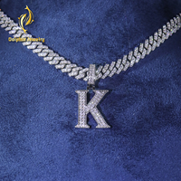 Collier Pendentif Lettre K Moissanite Iced Out Chaîne Maille Cubaine avec Attache Inclinée en Argent 925 Bijoux Hip Hop Homme Femme