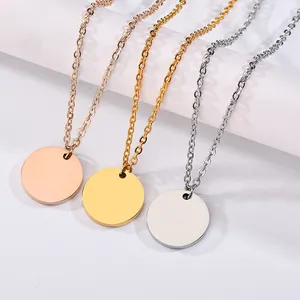 Personalized Couples High polished Custom logo disc round 18k gold engraved stainless steel metal blank pendant coin necklace