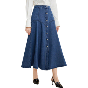 Jupe longue en <span class=keywords><strong>jean</strong></span> décontractée bleue pour <span class=keywords><strong>femme</strong></span>, nouveau style, coupe trapèze, boutonnée sur le devant, ourlet évasé, vente en gros - Product Image 1