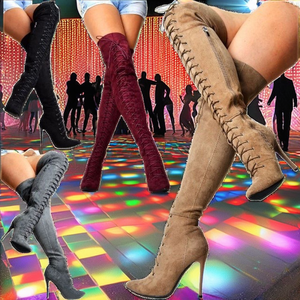 Bottes à talons hauts au-dessus du genou en faux daim exotique, à bout ouvert, avec fermeture éclair, pour pole dance, talon de 20 cm, bottes longues pour femmes - Product Image 2