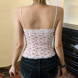 Romantic Floral Lace Button Vacation Style Knit Loungewear Women's <b>Spaghetti</b> <b>Strap</b> Cami Top - Product Image 6