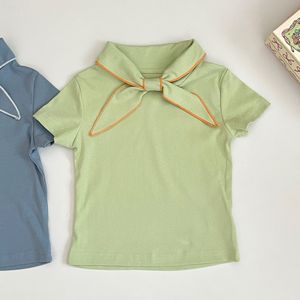 Eleganti Camicie Estive per Ragazze <span class=keywords><strong>con</strong></span> Colletto Navy e <span class=keywords><strong>Papillon</strong></span>, T-Shirt in Cotone a Maniche Corte - Product Image 3