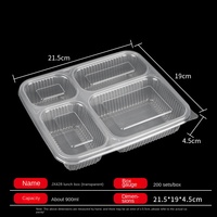 428 Transparante Wegwerp Moderne Rechthoekige Lunchbox met Vier Vakken, Voedselveilige PP, 900ml, Deksel, JIANXIN Model JX428, Restaurant