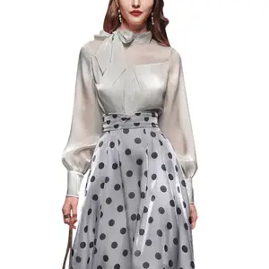 elegant vintage Women's Polka Dot Midi A-line Skirts and satin blouse Fashion High Waisted Maxi Long dress suit