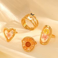 Bague en acier inoxydable ajustable avec fleur pressée, bijou en résine, bague délicate tendance pour femme, cadeau