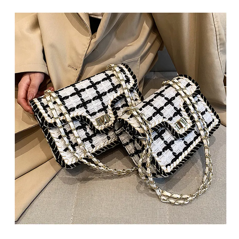 Brand New Vintage Chain Handbags For Women Woolen Tweed Luxury Designer Messenger Bags Female Wool Plaid Elegant Sac A Main