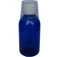 Flacon de sirop contre la toux en plastique PET bleu ambré de 120 ml pour l'emballage pharmaceutique avec bouchon inviolable et gobelet doseur en PP