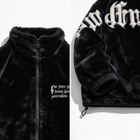 Blouson Bomber Unisexe Noir en Fausse Fourrure Coupe Slim Col Montant Zippé Écologique Imperméable Streetwear Rembourré Décontracté