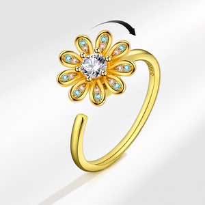 Dainty Claw Set Round Cut Cubic Zirconia Open <b>Ring</b> With <b>Spinner</b> Flower Copper Gold Plated Fashion Jewelry For Women - Product Image 2