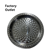 Assiette à fond plat en acier inoxydable de style américain, écologique, avec motif en relief, plateau épais pour aliments et fruits, incrustation dorée gravée