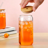 Grand Gobelet en Verre Grande Capacité avec Couvercle en Bambou et Paille – Tasse Transparente en Forme de Canette pour Boissons Quotidiennes à Domicile