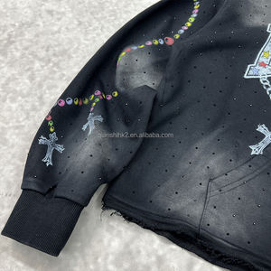 Vintage Drop Shoulder Printed Cotton Hoodies Custom Raw Edges Acid Wash Hoodie <b>Streetwear</b> Oversized Rhinestone Hoodie For Men - Product Image 4