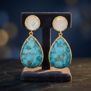 Boucles d'oreilles pendantes en argent sterling faites à la main avec perle, doublet de turquoise et zircon cubique – Tendance Bohème Chic - Product Image 3