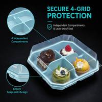 Vente en gros de boîtes à pâtisserie carrées transparentes en PET à 4 compartiments, plateau en plastique divisé bleu clair pour mousse, mini-desserts, pâtisseries