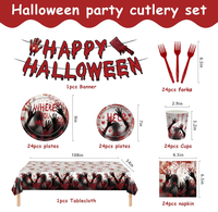 Kit de Vaisselle Jetable pour Fête d'Halloween : Assiettes en Carton, Gobelets, Serviettes, Nappe, Fourchettes, Bannière Joyeux Halloween et Fournitures