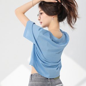 Custom Logo Cotton Silk Blend Cropped T-Shirt Women Solid Color Short Sleeve Breathable Loose <b>Crop</b> <b>Tops</b> - Product Image 2