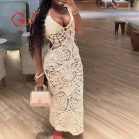 GX50390 Mode Été Vêtements Femme Boutique Robe Longue Sexy Sans Manches Col V Crochet Tricotée Creuse Plage Maxi