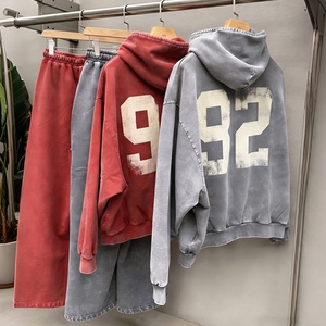 Wholesale Autumn 500GSM Heavyweight French Terry 100% Cotton Print Sun Faded Acid Wash Vintage Boxy Fit Men Hoodie Set - Product Image 2