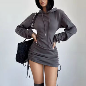 Custom Women's Slim Fit <b>Hoodie</b> Dress <b>Leopard</b> <b>Print</b> Velour Knitted Button Collar Autumn Drop Shoulder Drawstring Hooded Vintage - Product Image 1