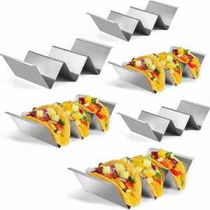 Porte-tacos avec logo personnalisé disponible Lot de 6 supports à tacos en acier inoxydable allant au four et au gril avec poignées Plateaux à tacos - Product Image 1