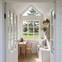Maisonnette de jardin préfabriquée style nordique, livrée DDP, avec véranda, cabane de jardin, bureau extérieur et plateforme en bois.