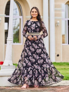 Robe longue et froufrous à imprimé georgette lourd avec manches longues et ceinture Kurtis à fleurs pour dames en provenance d'Inde - Product Image 2