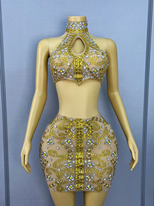 Novance Y5348 abbigliamento <span class=keywords><strong>donna</strong></span> all'ingrosso Sexy cava set Night Club vestito dorato strass Chic <span class=keywords><strong>costumi</strong></span> da cantante di scena - Product Image 4