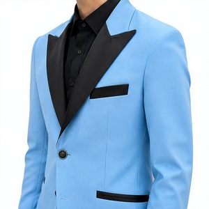 Costume de smoking bleu clair confortable en polyester pour homme, simple boutonnage, revers cranté, finition noire, tenue de cérémonie pour mariage et soirée - Product Image 4