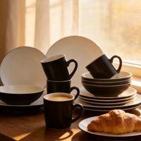 Ensemble de vaisselle en grès émaillé blanc de 16 pièces, ensemble de café en céramique en gros, assiettes rondes, bols, tasses, ensemble de vaisselle pour 4 personnes