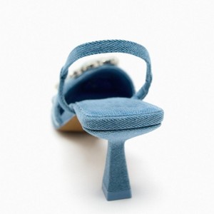 Yeni bayanlar ayakkabı lacivert toka dekore sivri burun Denim <span class=keywords><strong>Slingback</strong></span> yüksek topuklu sandalet kadınlar için topuk - Product Image 3