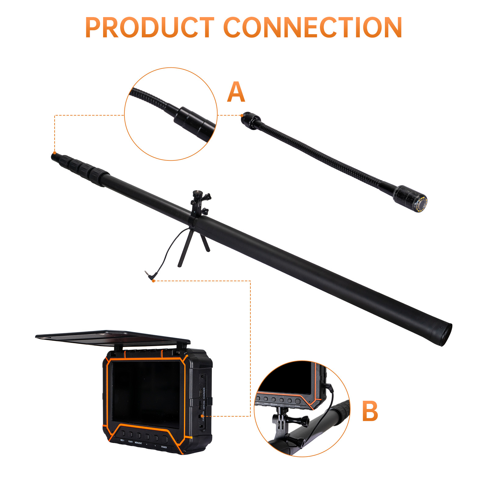 Endoscope Camera Video Borescope Rigid Inspection Camera 5m Telescopic Pole 1080P 5 Inch DVR with Night Vision SD Card