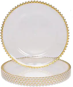Harga grosir grosir 13 "pelek emas mawar kaca bening manik-manik dekoratif di bawah piring pengisi daya plastik untuk pernikahan