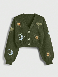 Cardigan in <span class=keywords><strong>Maglia</strong></span> <span class=keywords><strong>con</strong></span> Bottoni Ricamati da Donna Autunno Inverno Motivo Sole Luna Maniche a Lanterna Scollo a V - Product Image 2