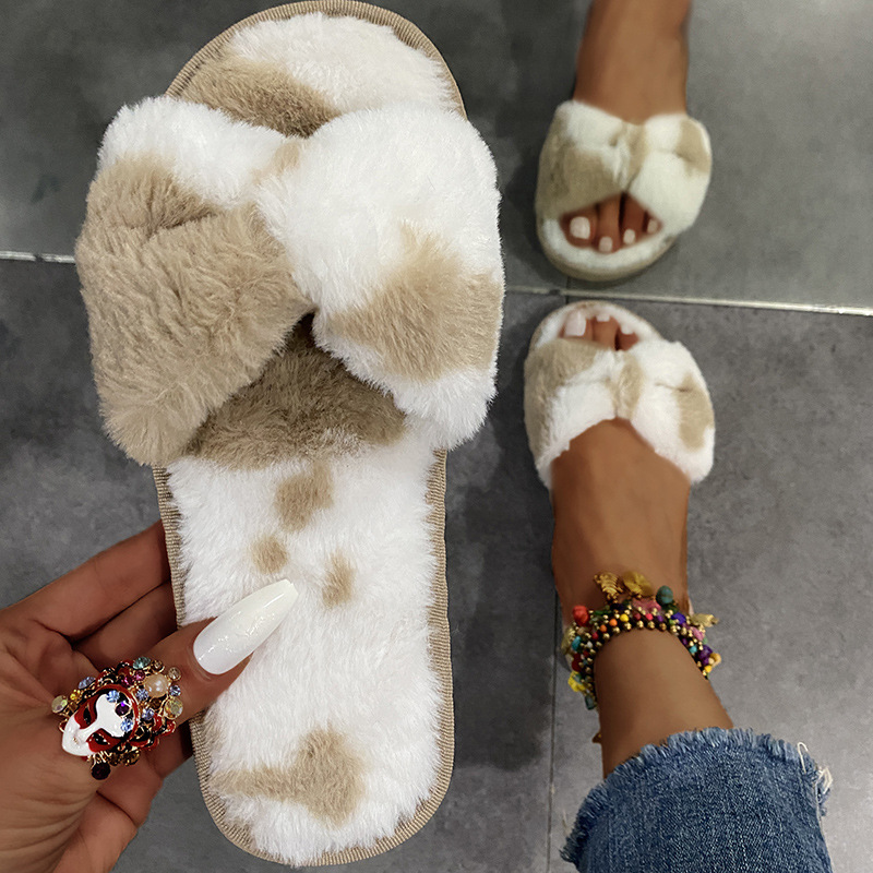 Fashion Furry Slippers Women Flat Bottom Outdoor Bow Plush Slippers Sandals