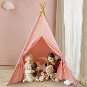 Superbe cadeau d'anniversaire ou de vacances, tente de jeu en coton rose pour enfants, tipi d'intérieur pour filles et garçons avec poteaux en bois naturel - Product Image 4