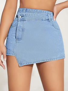 Shorts-<span class=keywords><strong>jupe</strong></span> taille haute en <span class=keywords><strong>jean</strong></span> pour femme, coupe trapèze, irrégulier, vente en gros, personnalisable - Product Image 4