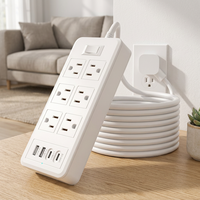 Multiprise d'intérieur OEM avec cordon de 1,5 m, 6 prises plates américaines, protection contre les surtensions, 4 ports USB-C, compatibilité 110V-240V