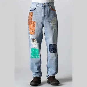 Benutzer definierte Baumwolle Spandex Loose Style Premium-Qualität Waschen Patchwork Rip Holes Design Komfortable Herren Jeans