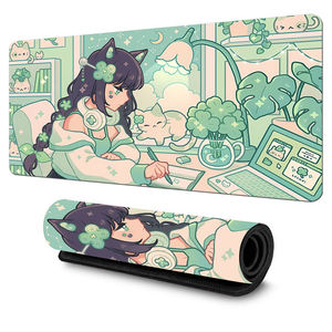 Grand <span class=keywords><strong>tapis</strong></span> <span class=keywords><strong>de</strong></span> <span class=keywords><strong>souris</strong></span> <span class=keywords><strong>de</strong></span> jeu personnalisé vert <span class=keywords><strong>kawaii</strong></span> mignon avec motif <span class=keywords><strong>de</strong></span> chat, bords cousus, design trèfle à quatre feuilles, caoutchouc imperméable en stock - Product Image 1
