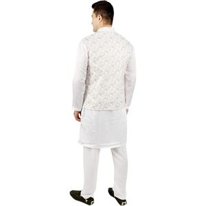 Triloki Ikkat 3-In-1 Set <b>Men's</b> Ethnic Indian Traditional <b>Kurta</b> <b>Pajama</b> & Waistcoat 100% Cotton Washable Diwali Puja Groom Wear - Product Image 5