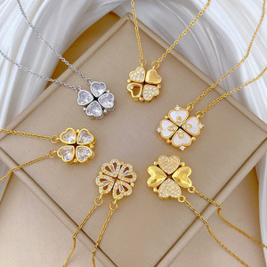 Colliers pendentifs raffinés en acier inoxydable plaqué or 18 carats avec zircon, motif <span class=keywords><strong>trèfle</strong></span> à quatre <span class=keywords><strong>feuilles</strong></span>, double usage, pour femmes - Product Image 2