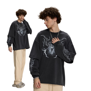 T-shirt à manches longues en deux pièces pour <span class=keywords><strong>homme</strong></span> de <span class=keywords><strong>marque</strong></span> tendance, délavé à l'acide, 100% coton tricoté, <span class=keywords><strong>col</strong></span> rond, coupe ample, anti-boulochage - Product Image 4