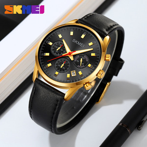 Skmei Men's Quartz Watch Chronograph Calendar Water Resistant Leather Strap Gold Case Black Dial - Product Image 3