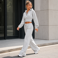 Ensemble décontracté gris pour femme : sweat à capuche court à lacets et pantalon de jogging taille haute à jambes larges – Survêtement streetwear tendance