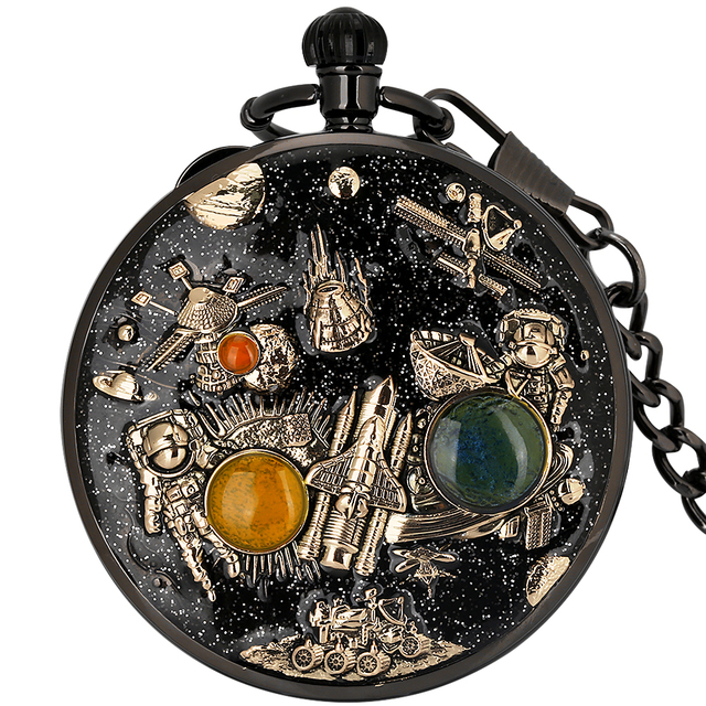 Luxury Musical Clock Pendant Skylab Space Astronaut Music Box Pocket Watch Crank for Christmas Gift