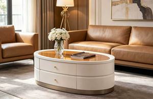 Modern <b>White</b> Oval <b>Coffee</b> <b>Table</b> with Glass Top & Drawers Luxury Living Room Storage <b>Coffee</b> <b>Table</b> - Product Image 6