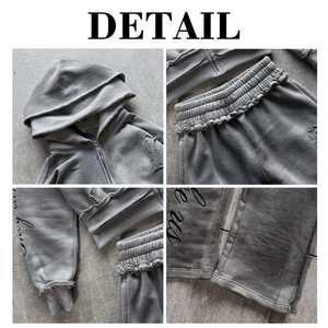 Men's Distressed Gothic Letter Print 2 Piece Hoodie <b>Set</b> Zip up Hooded Sweatshirt and Wide Leg Pants Streetwear Casual Outfit - Product Image 6