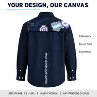 Kemeja Kerja Pria Logo Kustom Biru Dongker Bahan Polyester Kasual Kancing Depan dengan Saku Seragam OEM untuk Kantor & Staf
